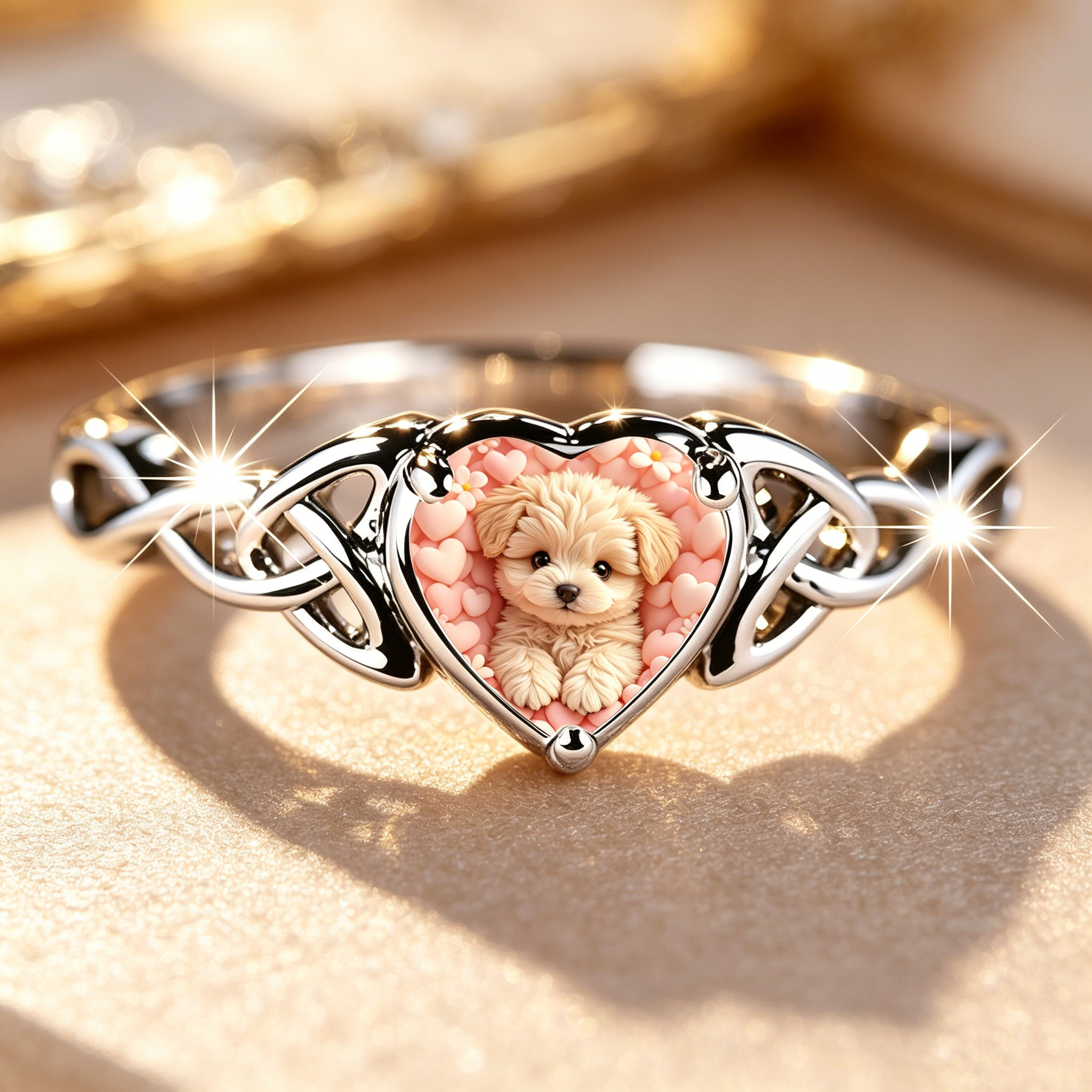 Fluffy Cream Maltipoo Dog Heart Floral Ring